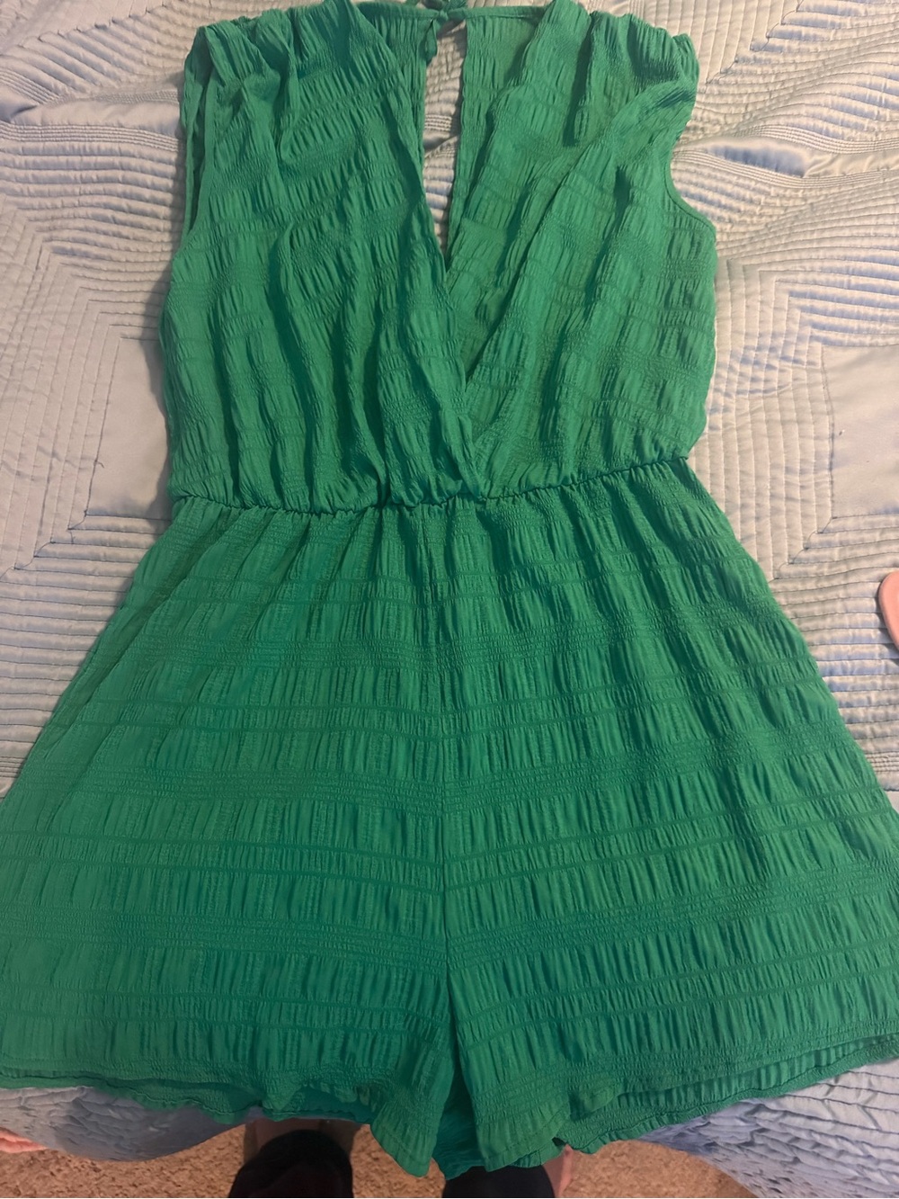 SHEIN Green Textured V-Neck Romper